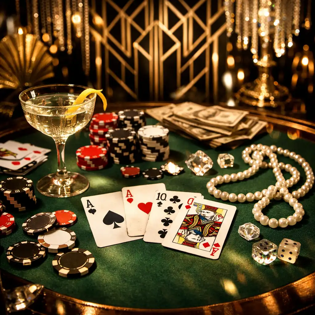 1920-as évekbeli Gatsby parti hangulatú pókerasztal art deco dekorációval