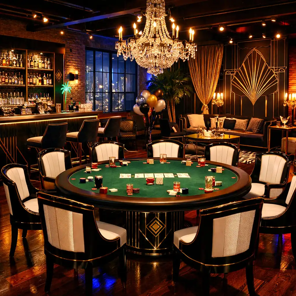 Stílusos loft lakás Gatsby parti témájú pókerestre berendezve art deco bútorokkal